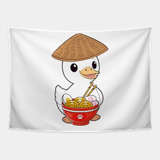 Funny duck is eating noodles Tapestry