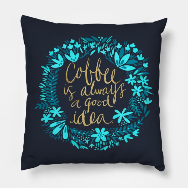 Coffee - Blue & Gold Pillow by CatCoq