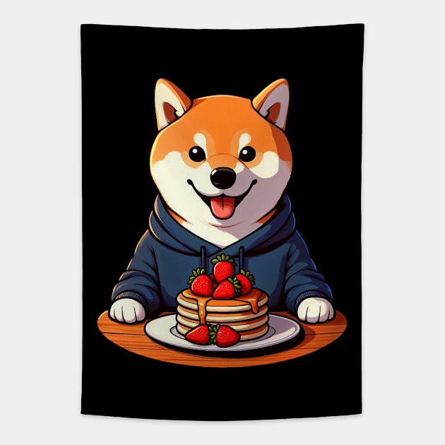 Shiba Inu Loves Strawberry Pancakes Tapestry by Plushism