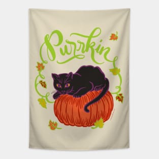 Funny Halloween Black Cat on Pumpkin Purrkin Fall Autumn Tapestry