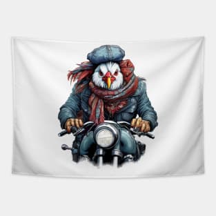 chicken wearing a jackets hat and a scarf on a motorcycle Tapestry