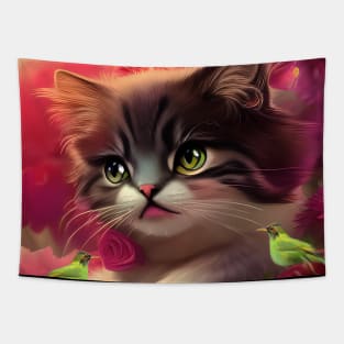 Cute little kitten with birds Tapestry