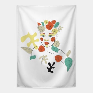Floral line art woman face Tapestry