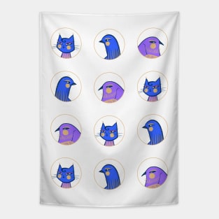 Two purple and blue male birds one blue lady cat, version 2 Tapestry