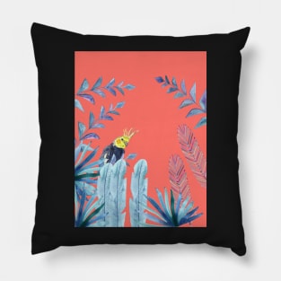 Cockatiel with tropical foliage and coral pink background Pillow