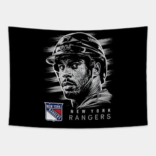 A player's face in a shot for the New York Rangers Tapestry