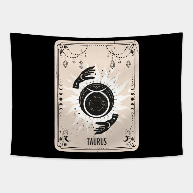 Taurus zodiac symbol card with fortune teller mystic hands. Tapestry by MonochromeEcho