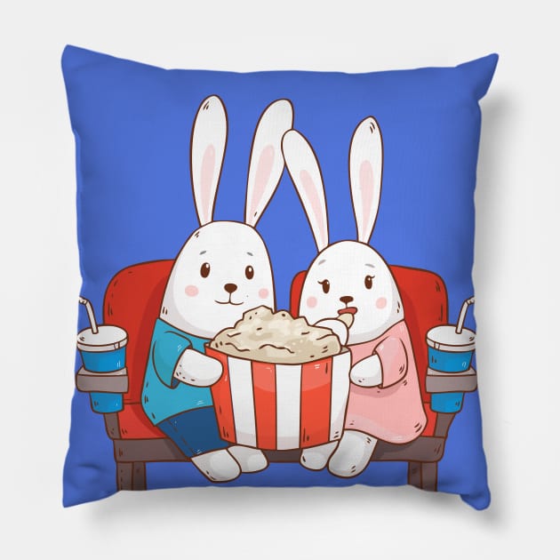 Bunnies Movie Night Art Print Pillow by Olya Yatsenko