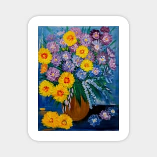 A beautiful bouquet flowers in a glass and gold vase . Using my favorite colors as vibrant background Using Acrylic and metallic paints. Magnet