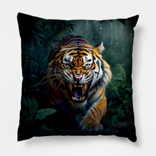 Growling Tiger coming out of the Dark Jungle Pillow