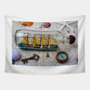 Ship In A Bottle With Old Key And Compass Tapestry