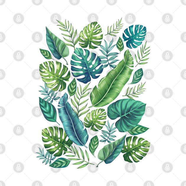 Green & Teal Tropical Palm Banana Monstera Leaves by CatyArte