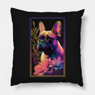 French Bulldog Dog Vibrant Tropical Flower Tall Digital Oil Painting Portrait Pillow