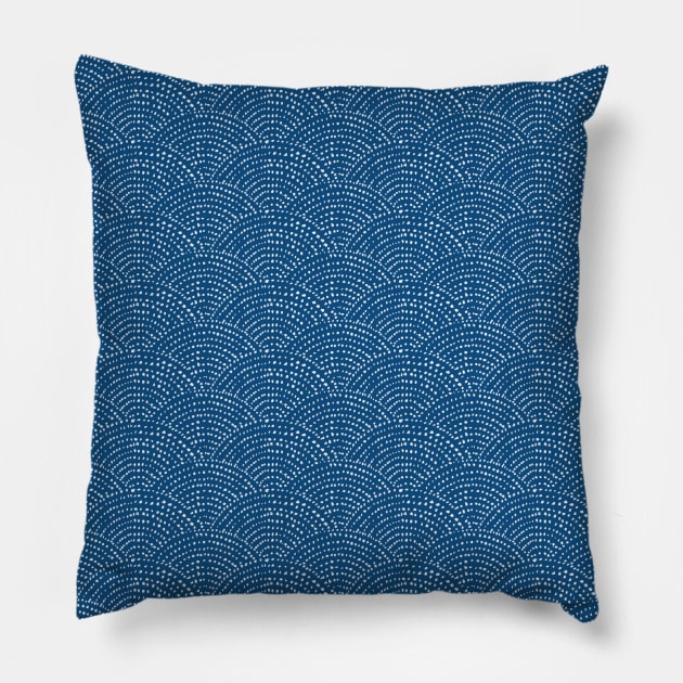 Ink dot scales - White on classic blue Pillow by crumpetsandcrabsticks