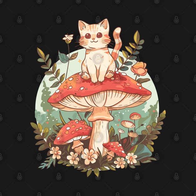 Botanical Cottagecore Kawaii Fan Cute mushroom Cat Floral Garden Kitten by RetroZin