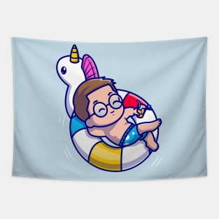 Cute Man Floating With Swimming Balloon Cartoon Tapestry