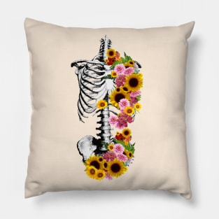 Floral Botanical anatomy, rib cage, pelvis, sunflowers, daisy, skeleton Pillow