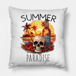 Skull and Empty Bottle - Summer Paradise (Black Lettering) Pillow