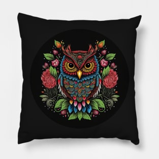 Colorful Owl, Flowers and Leaves Emblem Pillow