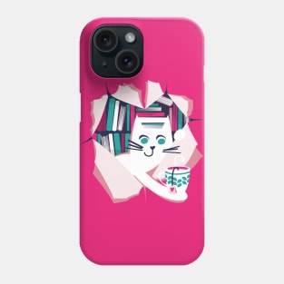 Bookish cat // white cat with tea mug teal white fuchsia and pastel pink books Phone Case