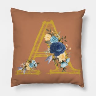 Monogram Letter A In Metallic Gold With Aesthetic Blue Flowers Botany And Sundial Background Pantone Color Pillow