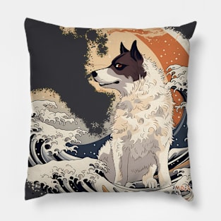 Whimsical Ukiyo-e Dog in Kanagawa Waves Pillow