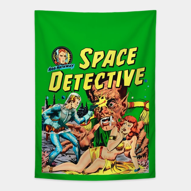 Detective and Pin Up Girl 1952 giant alien monster space retro vintage comic book Tapestry by REVISTANGO