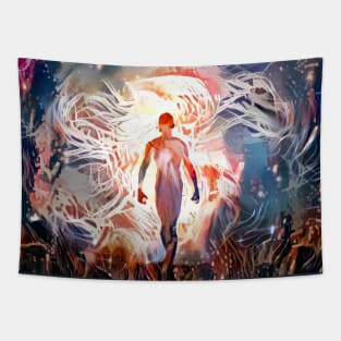 Man's silhouette in rays of light Tapestry