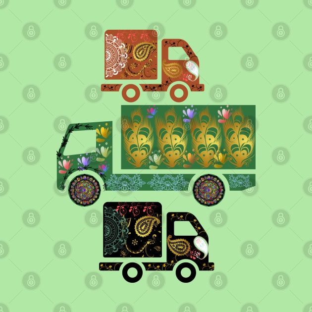 Brown green black truck art motif illustration with paisley design pattern by Haze and Jovial