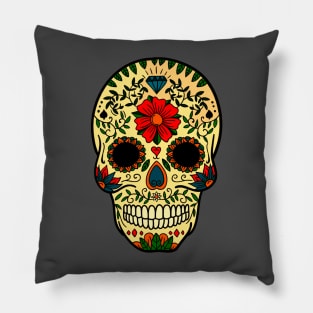 Skull with red flower Pillow