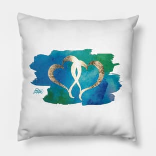 Two Gold Hearts on Watercolor Background Pillow