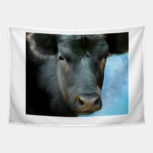 Black Cow On Blue animal art cows Tapestry