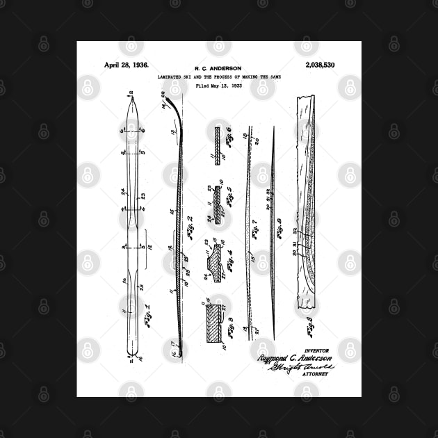 Skiing Skis Patent - Skier Ski Lodge Chalet Art - White by patentpress