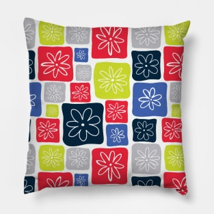 Doodle Squares with Flowers Blue, Red, Gray, Lime green Pillow