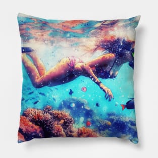 Artistic illustration of snorkeler in tropical waters Pillow