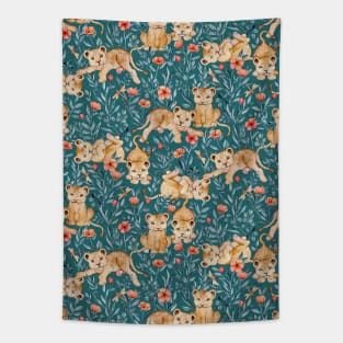 Lion Cub Pairs and Poppies on Deep Teal Tapestry