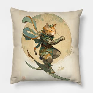 Fantasy Samurai Cat Surfer Art Nouveau Pillow