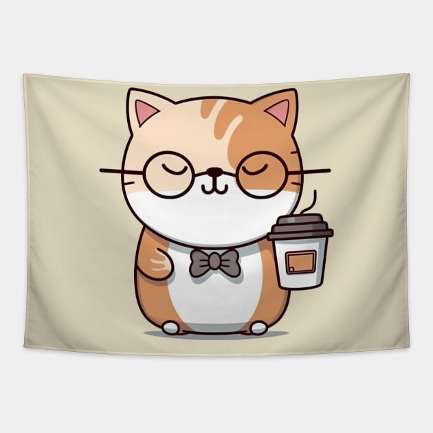 Smart Cat with a Coffee Cup Tapestry by Walter WhatsHisFace