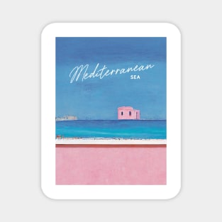 Pink House at the Beach Mediterranean Architecture Travel Poster Retro Wall Art Illustration Magnet