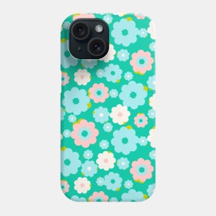 Small blue, white and pink flowers over a turquoise background Phone Case