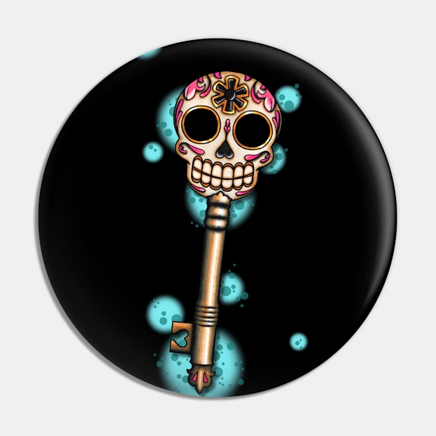 Skeleton Key - Dia de los Muertos Sugar Skull - Day of the Dead Calavera Folk Art Pin by prettyinink