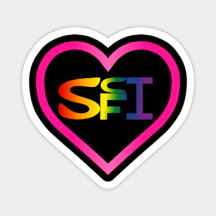 six colors rainbow scifi text inside pink heart outline Magnet