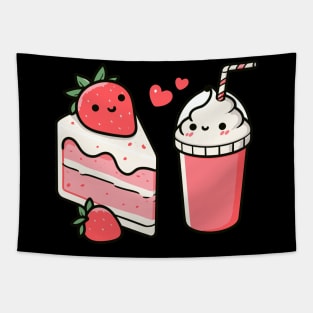 Kawaii Strawberry Cake and Ice Cream Milkshake in Love | Cute Kawaii Design for Couples Tapestry