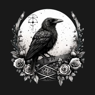 Fantasy Creature Raven Witchy Familiar Crow, Full Moon & Flowers T-Shirt