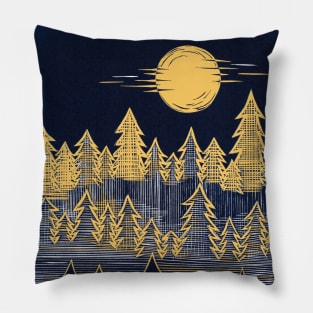 Misty, Moonlit Trees Linocut in Blue and Yellow Pillow