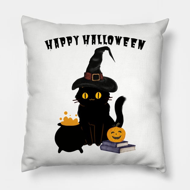 Happy Halloween Black Cat Pillow by DMS DESIGN