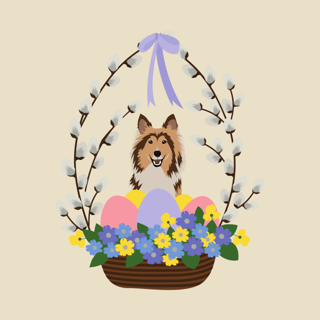 Rough Collie Dog with Easter Basket Made of Pussy Willow and Colorful Eggs by Seasonal Dogs