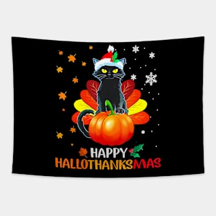 Black Cat Halloween And Merry Christmas Happy Hallothanksmas Tapestry