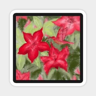 Red flowers and hummingbird print Magnet