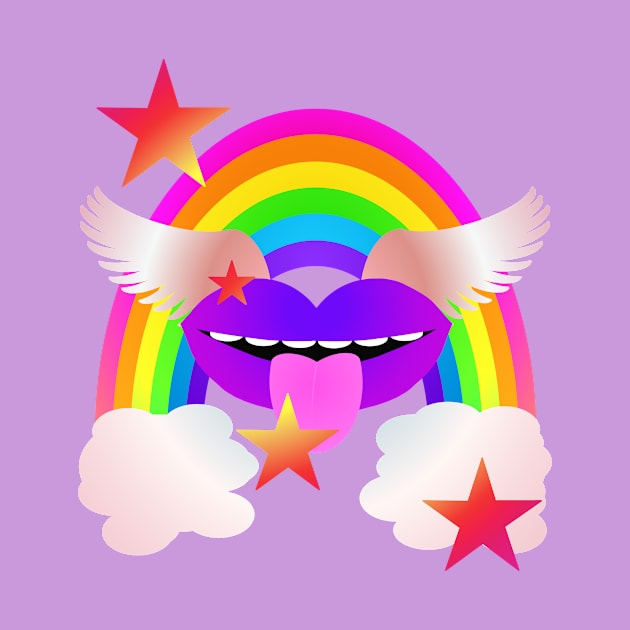 Groovy Winged Lips, Rainbow & Stars - PURPLE by RawSunArt